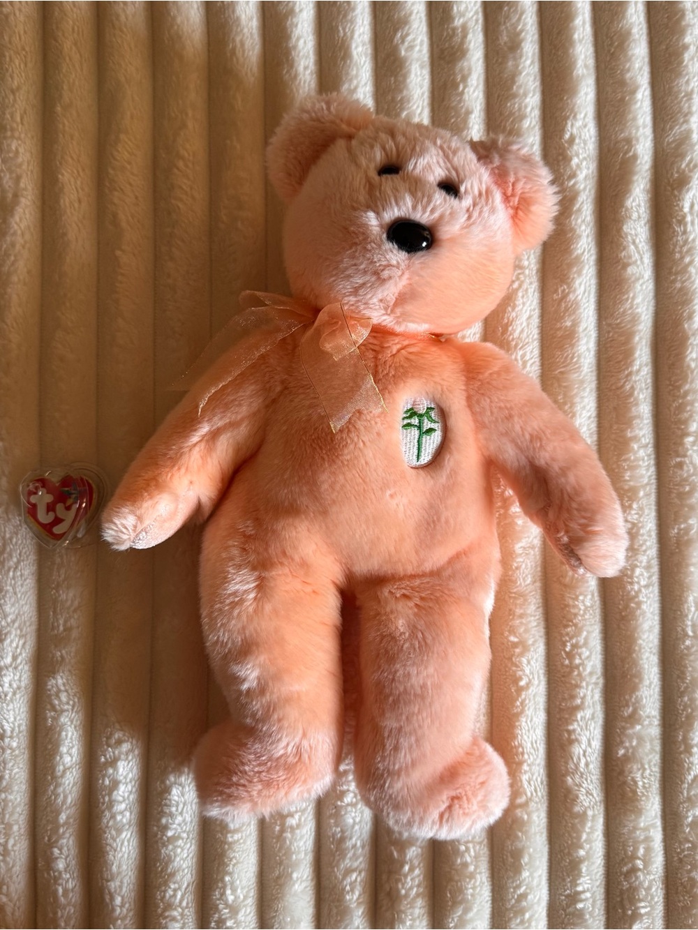 Ty Beanie Buddy Peach Plush Teddy Bear with Ribbon 2001 - Dearest